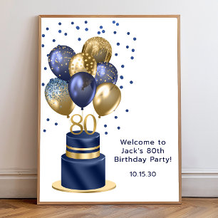 80 Birthday Blue Balloon Cake Poster