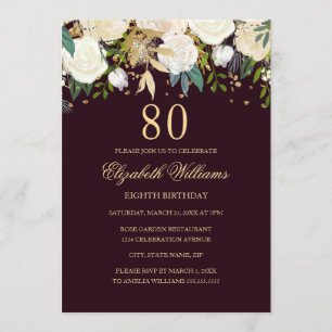 80 Birthday Burgundy Convite Floral Dourado
