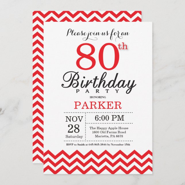 80 Birthday Convite Red Chevron (Frente/Verso)