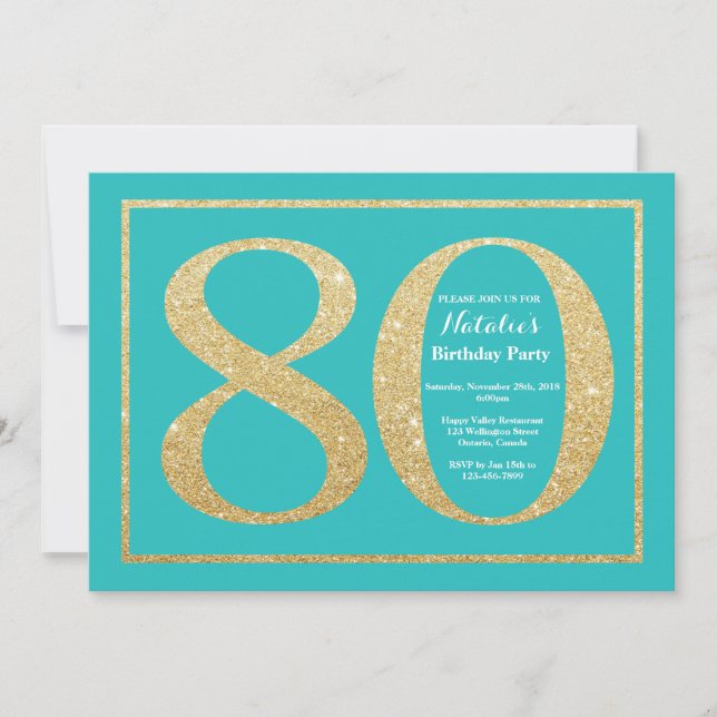 80 Birthday - Convite Teal e Glitter Dourado (Frente)