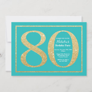 80 Birthday - Convite Teal e Glitter Dourado