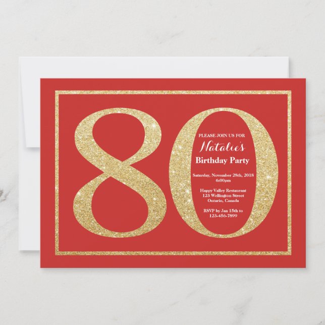 80 Birthday - Convite Vermelho e Dourado (Frente)