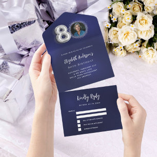 80 Birthday marinho azul foto prateada rsvp