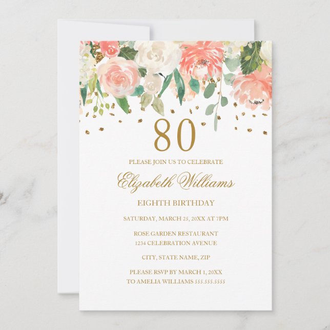 80 Birthday Peach Dourado Convite Floral (Frente)