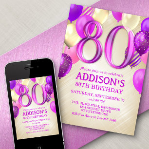 80 Birthday Pink Balloons Convite