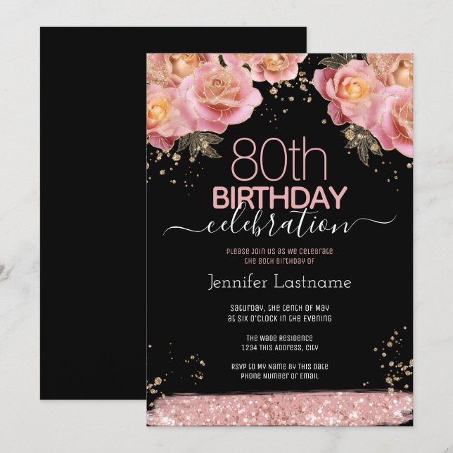 80 Birthday Pink Glitter Convites Florais (Frente/Verso)