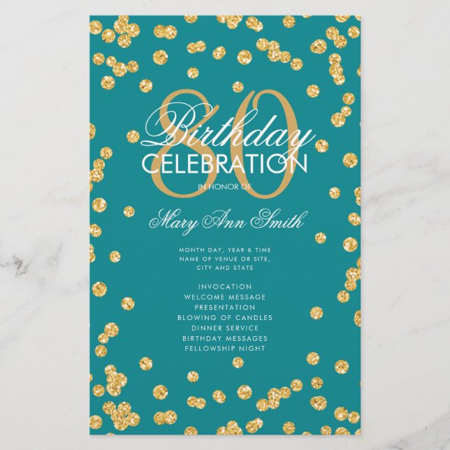 80 Birthday Programa Dourado Glitter Teal com Menu (Frente)