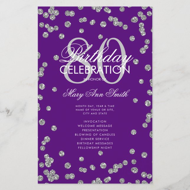 80 Birthday Programa Silver Purple Glitter Menu (Frente)