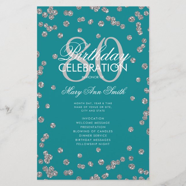 80 Birthday Programa Silver Teal Glitter Menu (Frente)