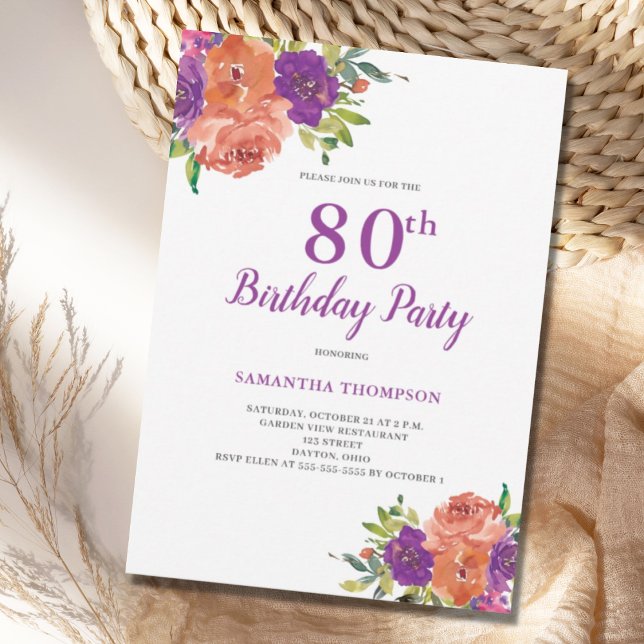 80 Birthday Roxo Convite Floral (Criador carregado)