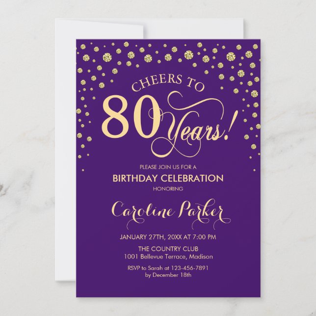 80 Convite de aniversário - Dourado Roxo (Frente)