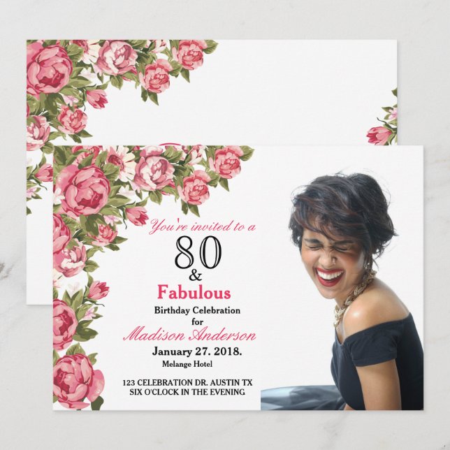 80 e Fabuloso Floral | Convites de aniversário de  (Frente/Verso)