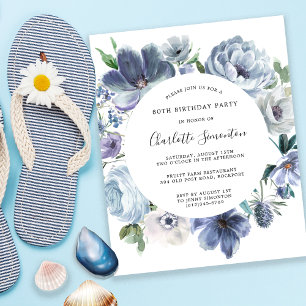 80 Floral Azul Dusty Convite de Aniversário