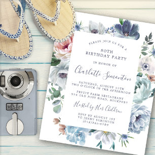 80 Floral Azul Dusty Convite de Aniversário