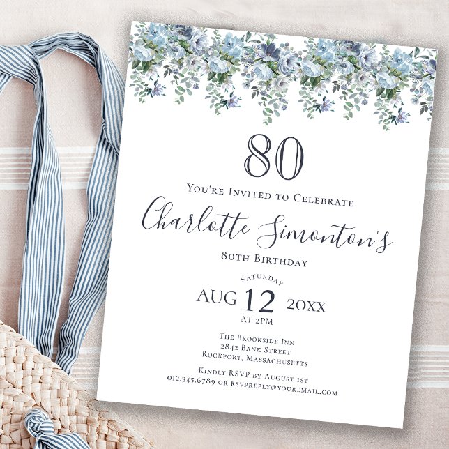 80 Floral Azul Dusty Convite de Aniversário (Criador carregado)