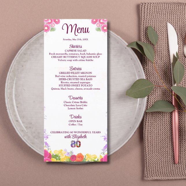 80 Floral Birthday Menu Card elegante 80 anos (Criador carregado)