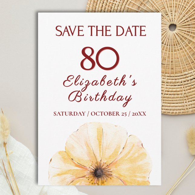 80th Birthday Yellow Flower, Elegant Save the Date (Criador carregado)