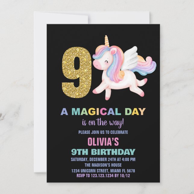 9º Arco-Íris Unicórnio Convites de Aniversário Neg (Frente)