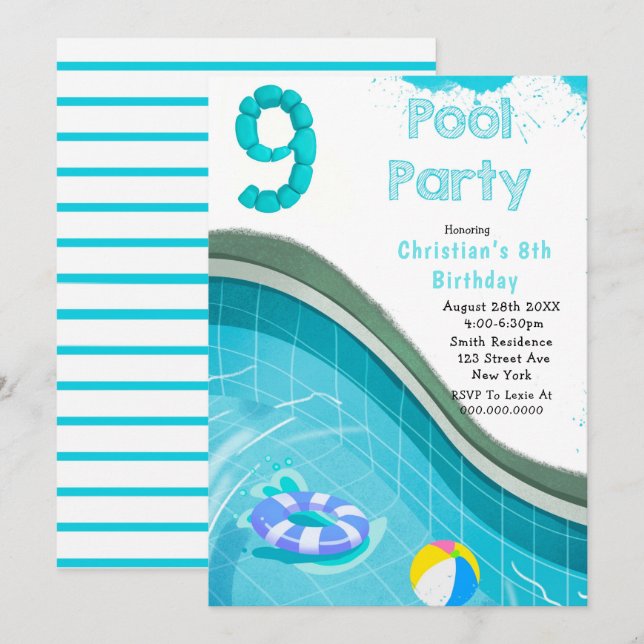 9º Convites de aniversário da Festa de piscina (Frente/Verso)
