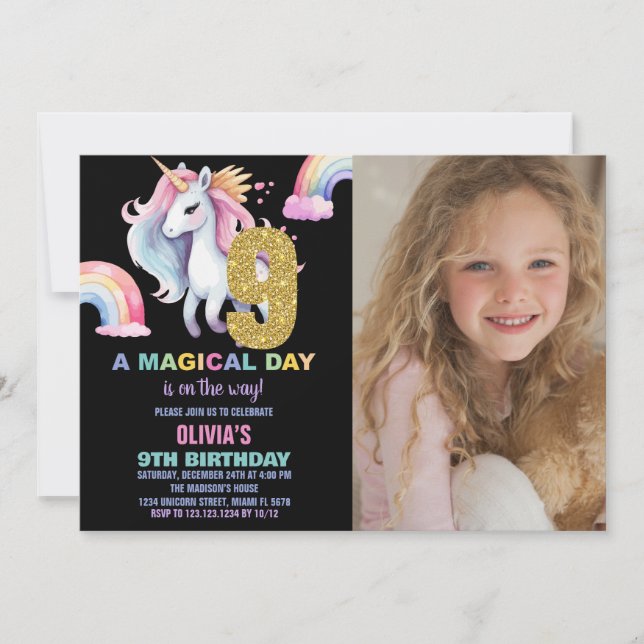 9º Convites de Aniversário do Rainbow Unicorn com  (Frente)