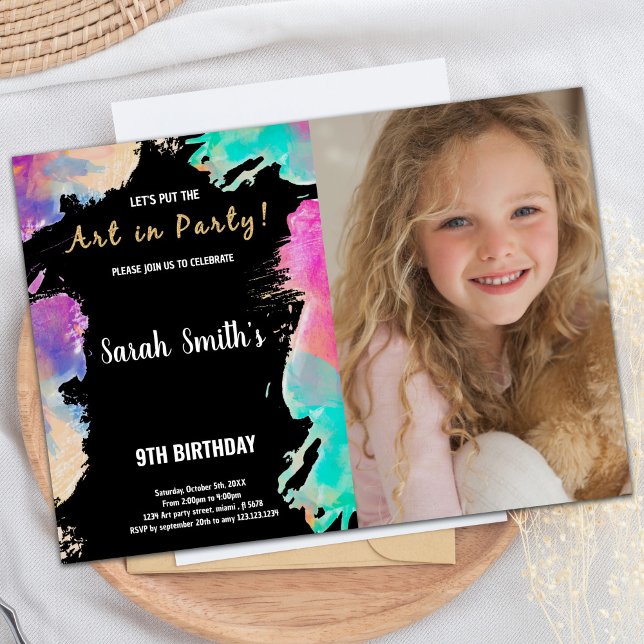 9º Convites de Aniversário para Pintar Fotografia  (9th Black Purple Photo Paint Birthday Invitations)