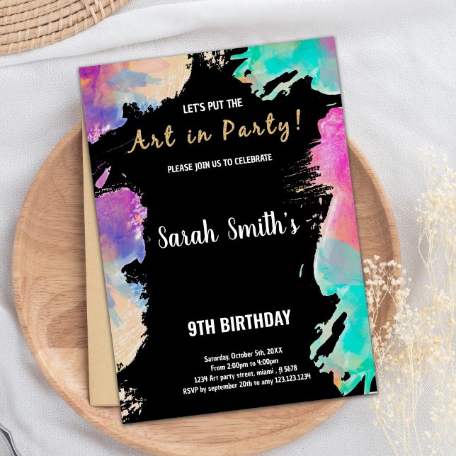 9º Convites de Aniversário para Pintura Púrpura Ne (9th Black Purple Paint Birthday Invitations)