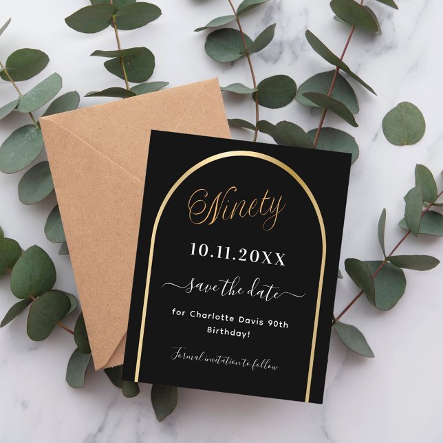 90 aniversário arco preto de ouro guardar cartão d (Criador carregado)