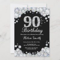 90 Aniversário Convite Chalkboard Silver Diamond