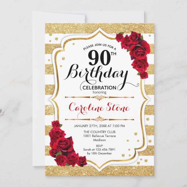 90 Aniversário Convite Dourado para Rosas de Strip (Frente)