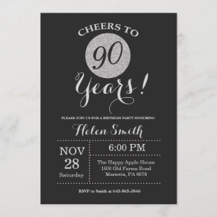 90 Aniversário Convite Preto e Silver Glitter