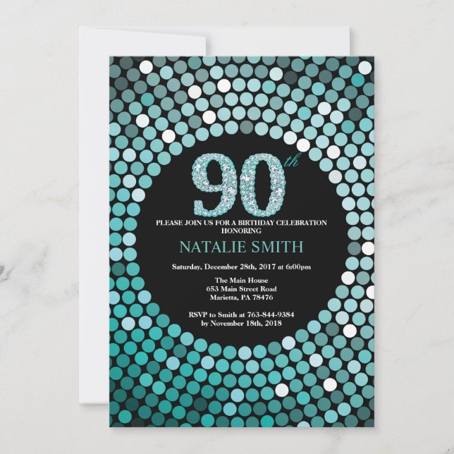 90 Aniversário Convite Preto e Teal (Frente)