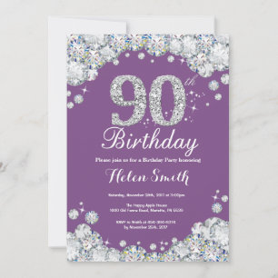 90 Aniversário Convite Roxo e Diamante Prateado