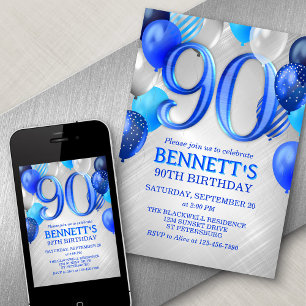 90 Birthday Blue Balloons Convite