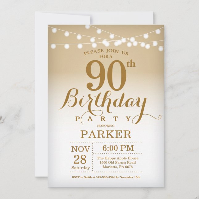 90 Birthday Convite Dourado Luzes de String (Frente)