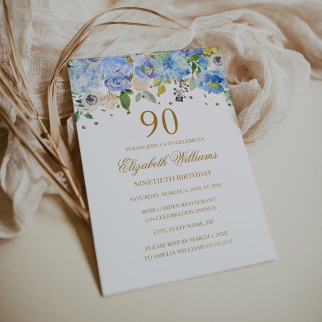 90 Birthday Elegant Blue Dourado Convite Floral (Criador carregado)