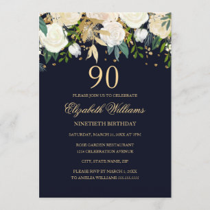 90 Birthday Elegant Marinho Dourado Convite Floral