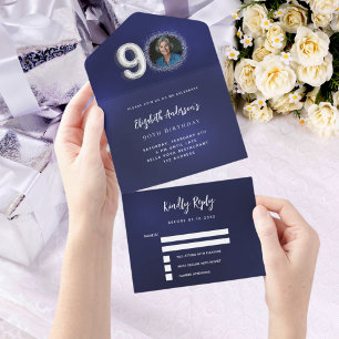 90 Birthday marinho azul foto prateada rsvp