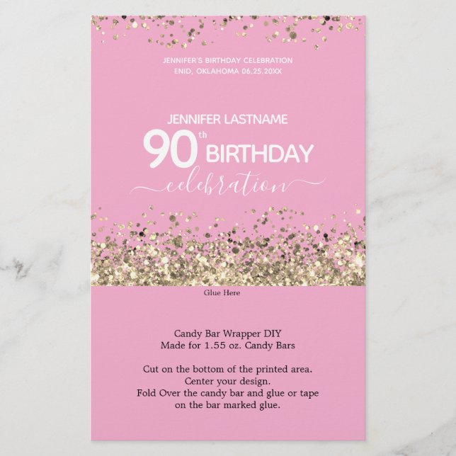 90 Birthday - Molhador de Bar Rosa Glitter (Frente)