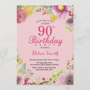 90 de Aniversário Floral Convite para Mulheres Ros