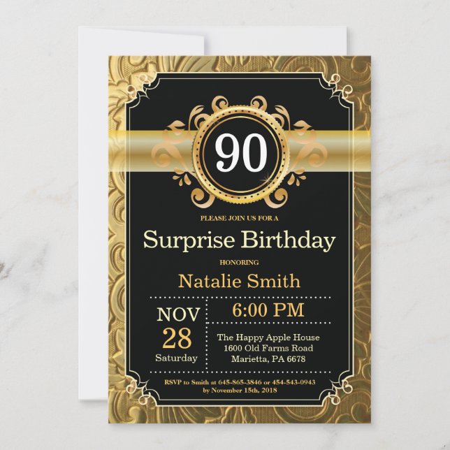 90 de Surpresa - Convite de Aniversário Preto e Do (Frente)
