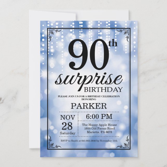 90 de Surpresa - Glitter Azul de Convite de Aniver (Frente)
