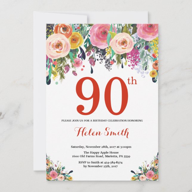 90 Floral Aniversário Convite Vermelho (Frente)