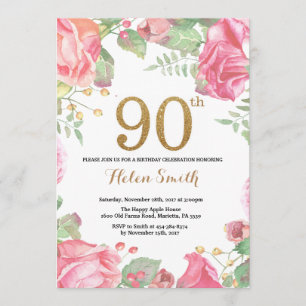90 Floral Convite de Aniversário Glitter Dourado