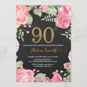 90 Floral Convite de Aniversário Glitter Dourado