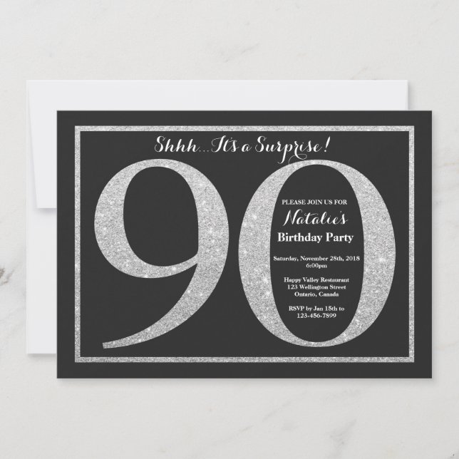 90 Surpresa - Glitter de Silver de Convite de Aniv (Frente)
