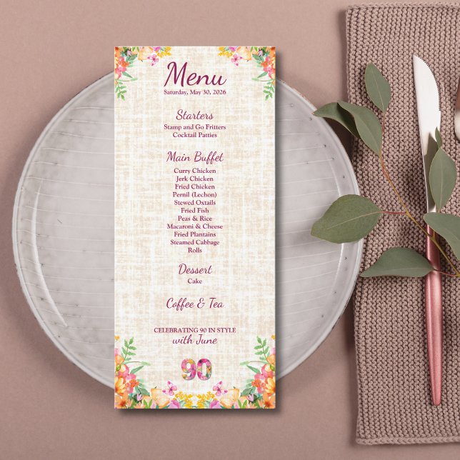 90 Years Flowers Floral 90th Birthday Linen Menu (Criador carregado)