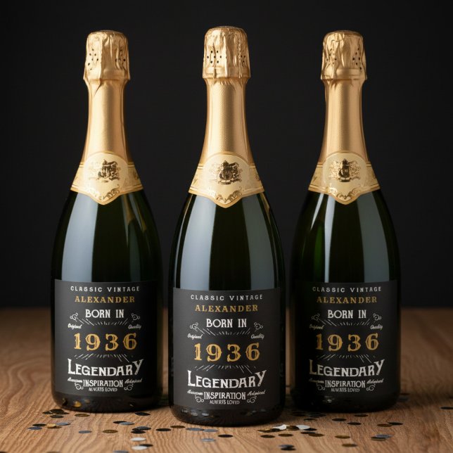 90th Birthday Legend Add Your Name 1936 Vintage (Born 1936 sparkling wine labels. Dark background.)