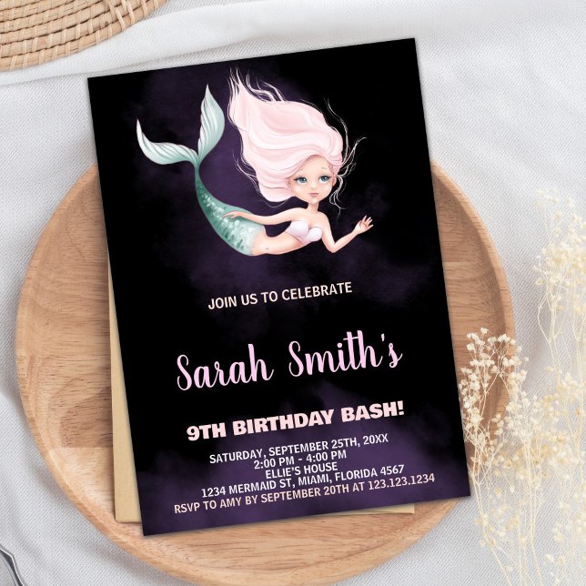 9.ª Loira - Convites de Aniversário para Sereia (9th Blond Mermaid Birthday Invitations)