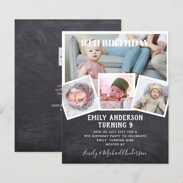 9.º Aniversário Colagem de Fotos Convidam Menina M (Frente/Verso)