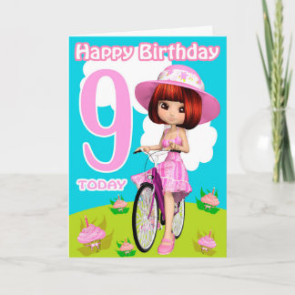 9.º Cartão de Aniversário Bonito Menina Em Bicicle